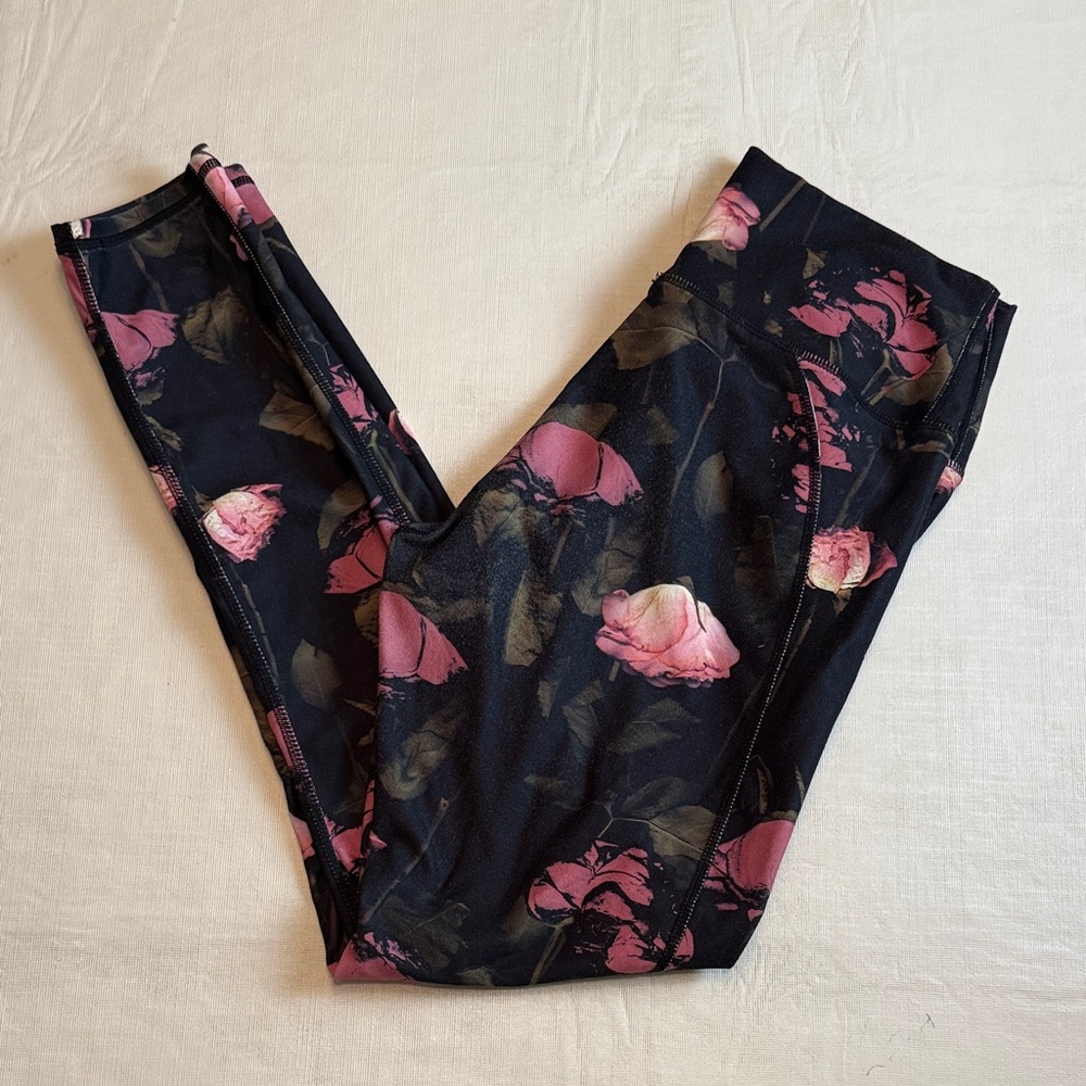 Fabletics Women's Black Pink Floral Stretch Leggings Size S